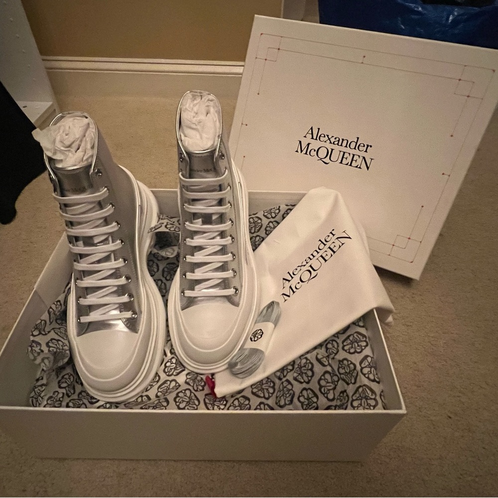 Alexander McQueen Silver Platform Hightop Sneakers Tennis Shoes *NEW